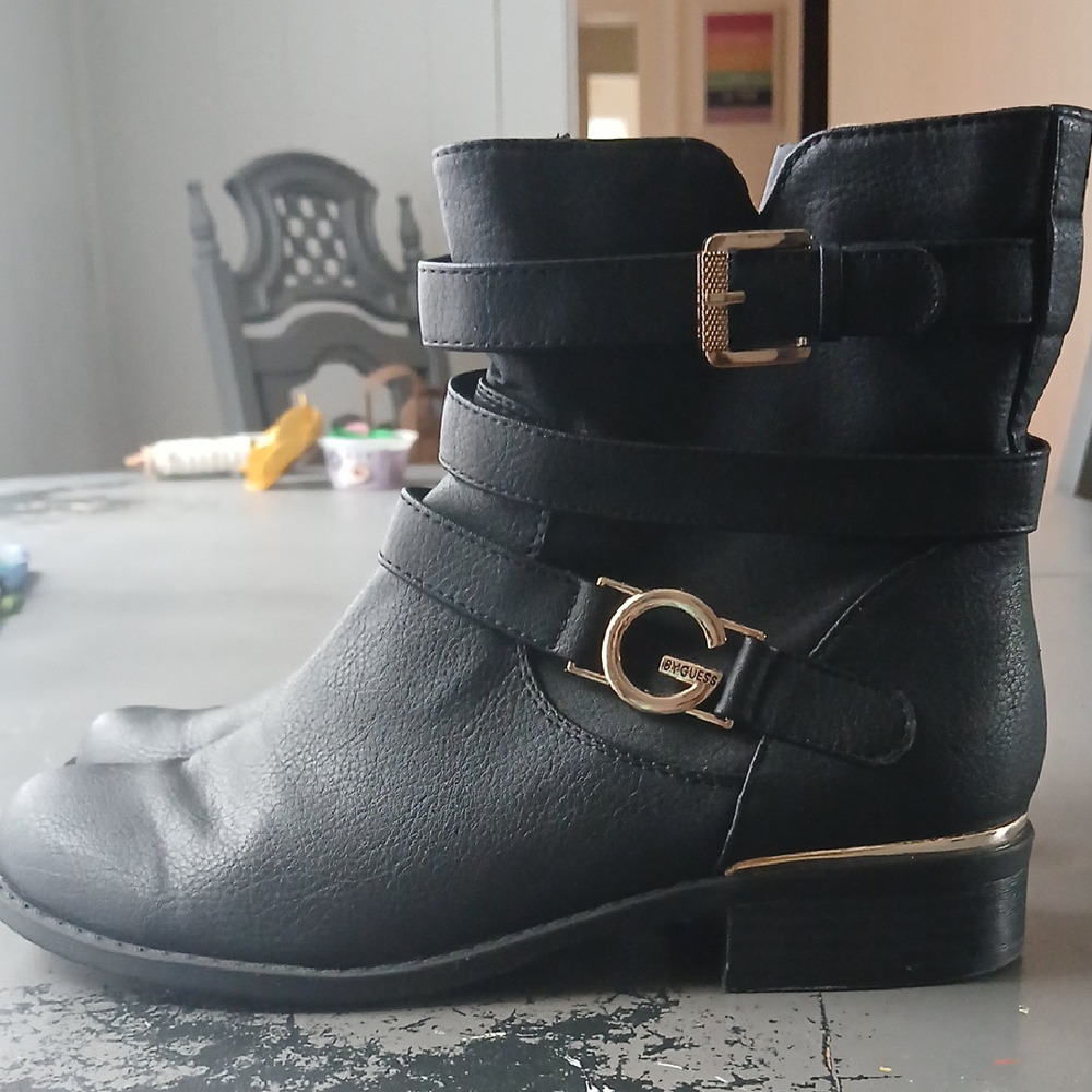 G by Guess Black Ankle Boots with Gold Hardware